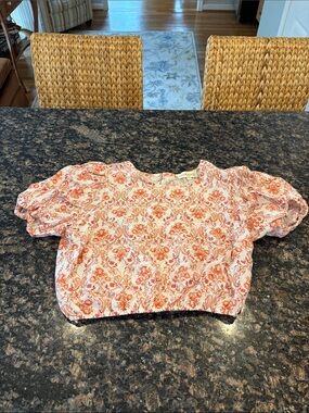 Cynthia Rowley Pink and Orange Floral Puff-Sleeve Crop Top